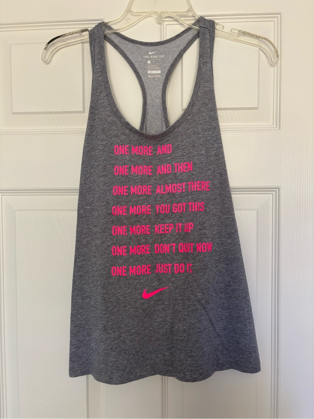Nike Women’s Heather Gray Racerback Tank with Hot Pink Motivational Print